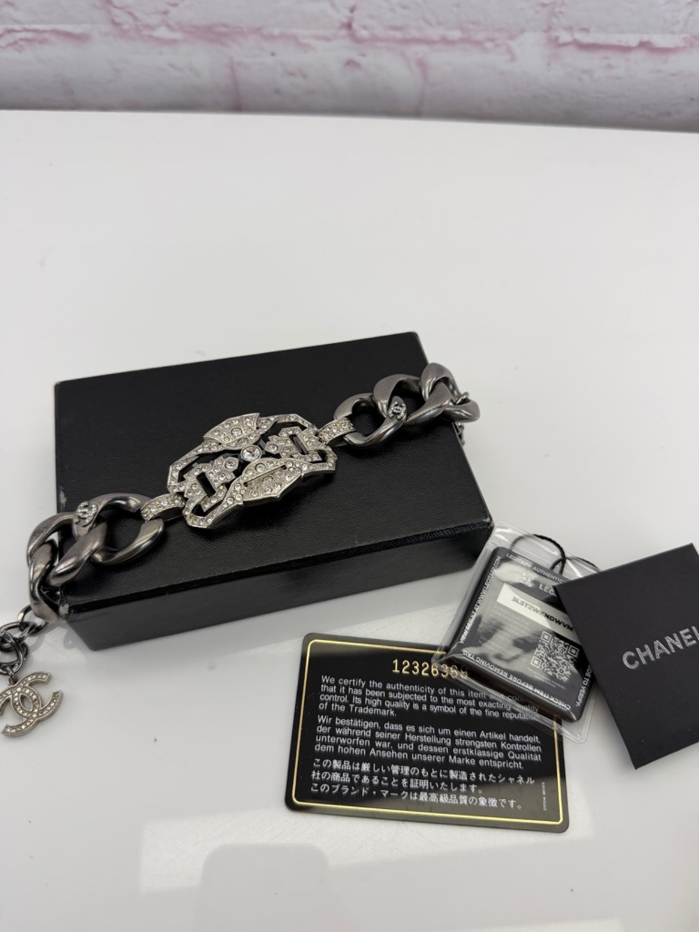 CHANEL Ruthenium Gunmetal and Crystal Art Deco Bracelet with CC Charm - Picture 2 of 14